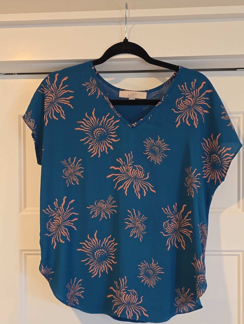 LOFT Teal V-Neck Blouse with Pink Sunburst Print
